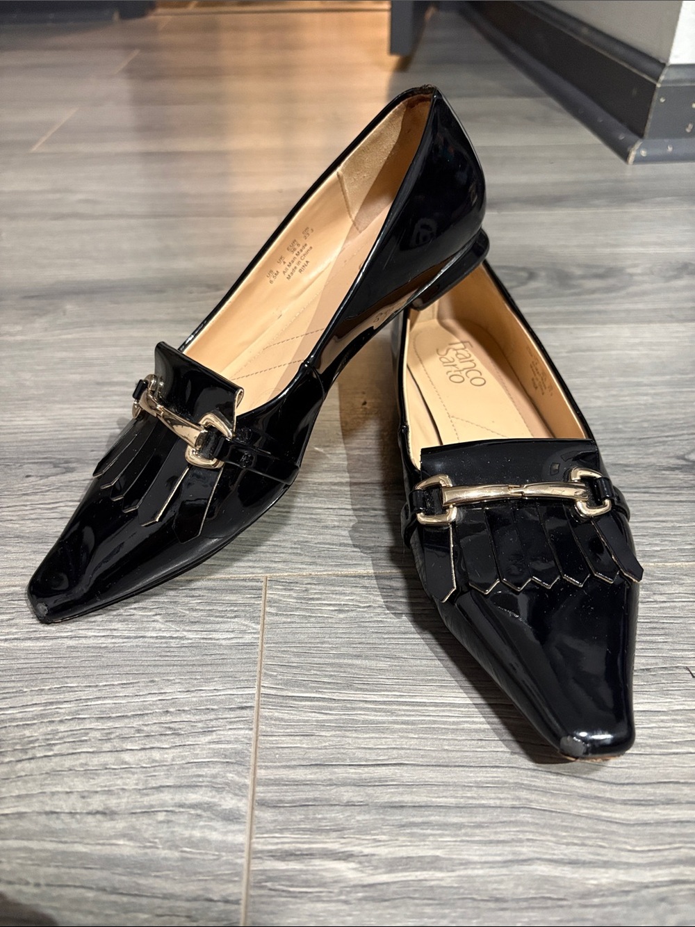 Franco Sarto Black Patent Loafers with Gold Chain Accent